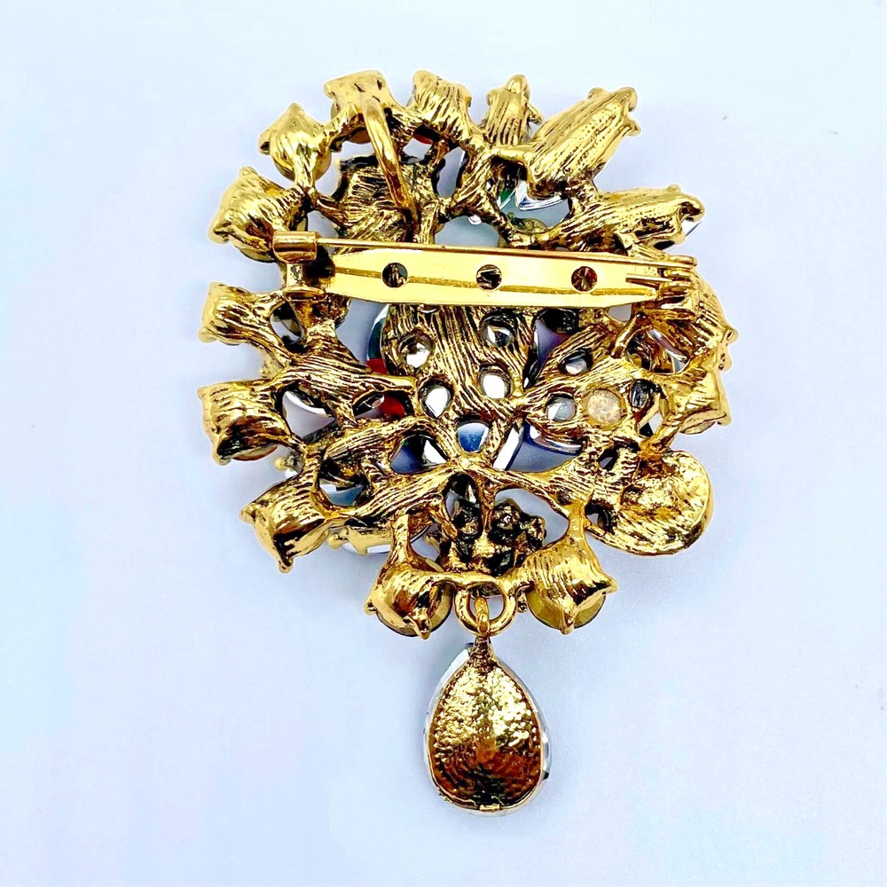 3.25" Multicolor‎ Rhinestone Brooch Gold Tone Statement Jewelry - Picture 3 of 3